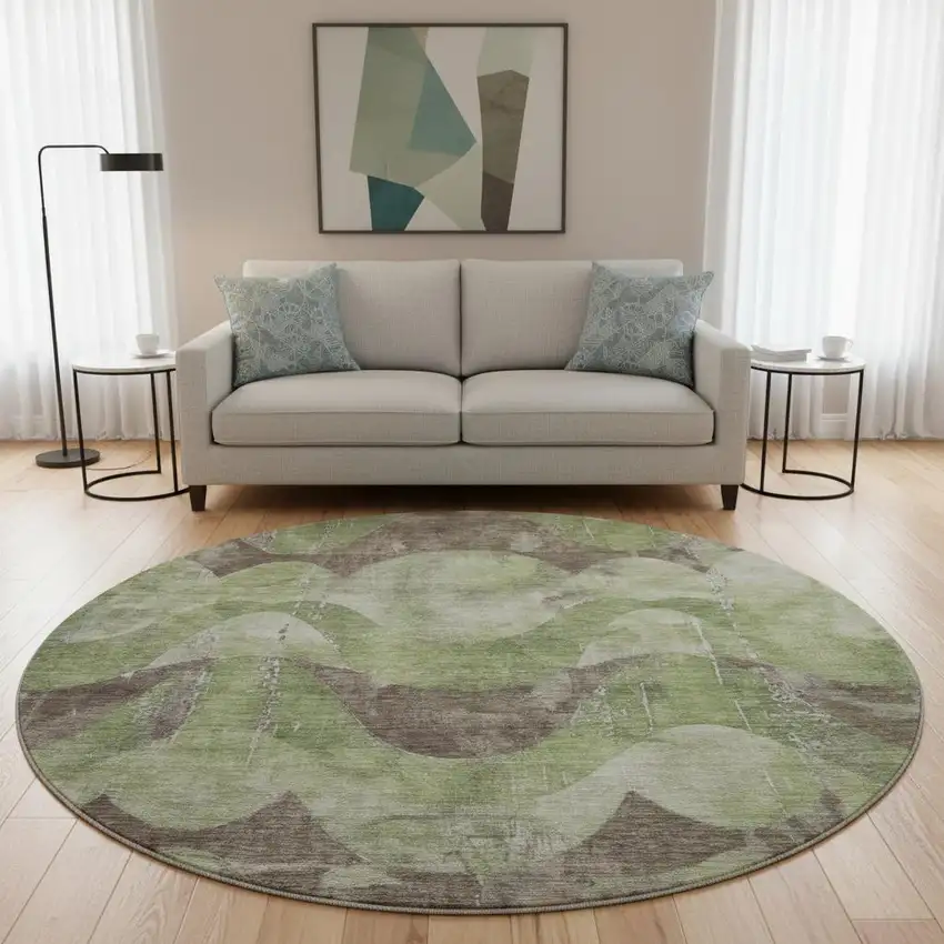 8' Artichoke Green And Taupe Abstract Washable Round Rug With UV Protection Photo 2