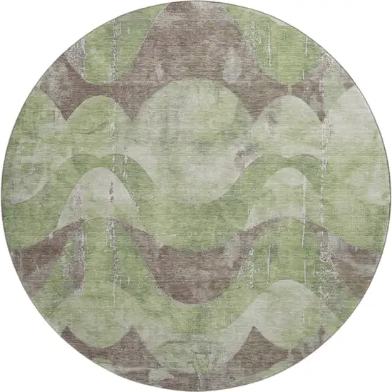 8' Artichoke Green And Taupe Abstract Washable Round Rug With UV Protection Photo 1