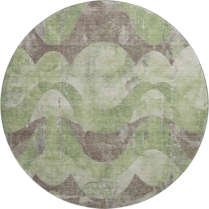 8' Artichoke Green And Taupe Abstract Washable Round Rug With UV Protection Photo 1