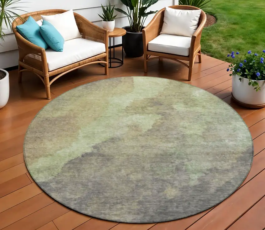 8' Artichoke Green And Taupe Round Abstract Washable Indoor Outdoor Area Rug Photo 2