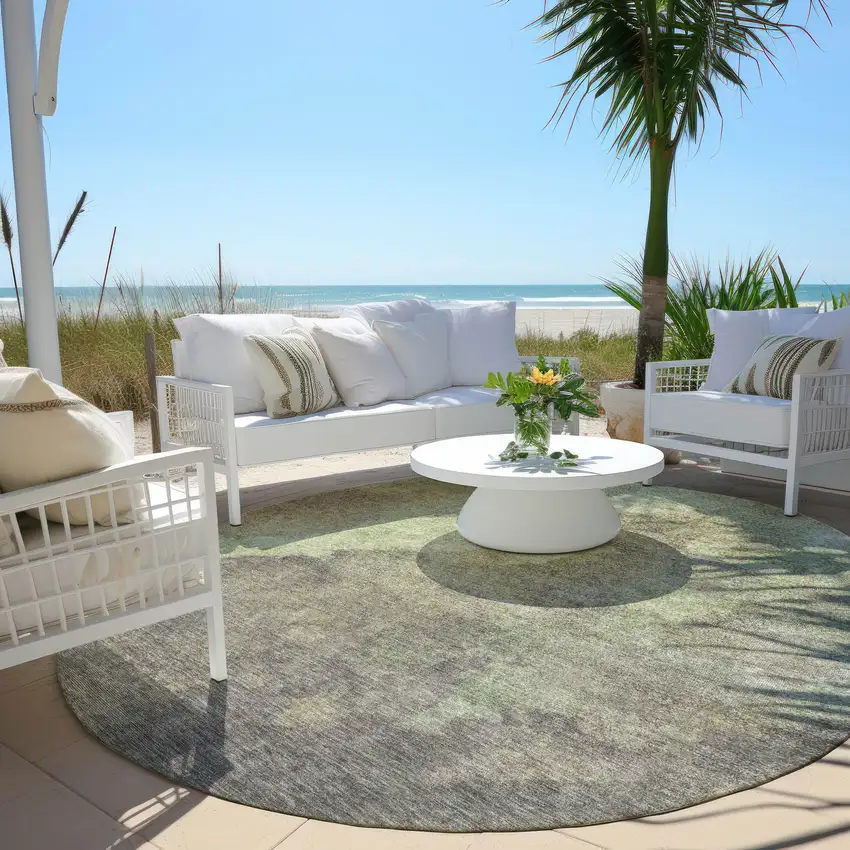 8' Artichoke Green And Taupe Round Abstract Washable Indoor Outdoor Area Rug Photo 6