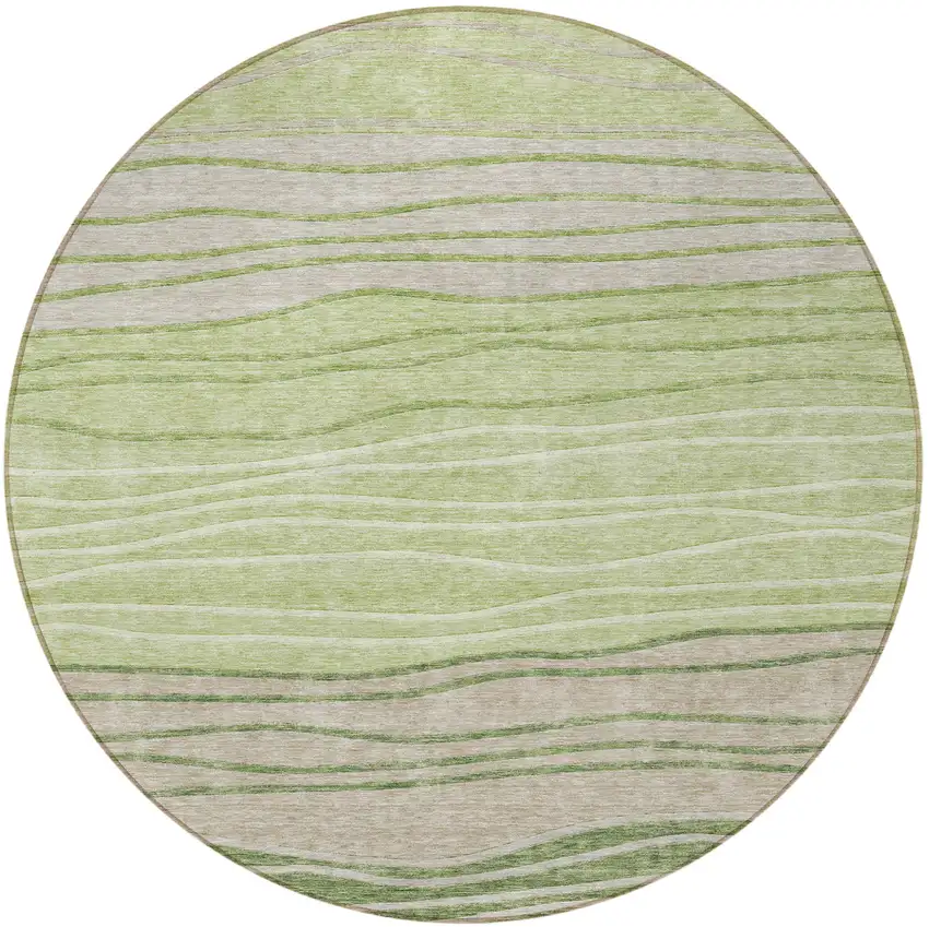 8' Artichoke Green And Taupe Round Striped Washable Indoor Outdoor Area Rug Photo 5