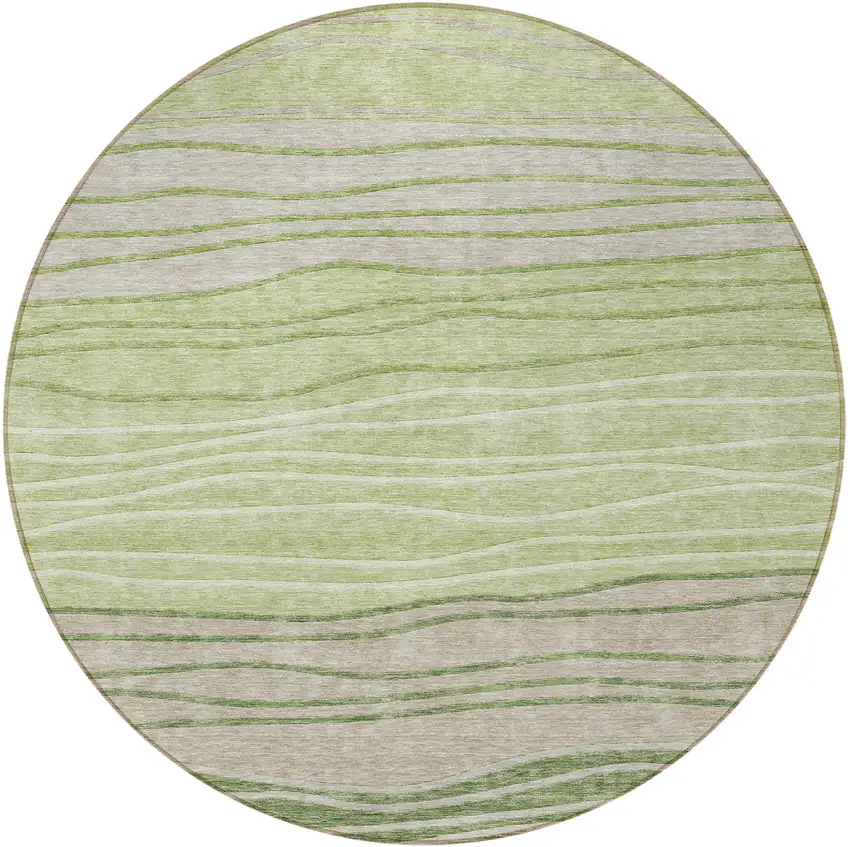8' Artichoke Green And Taupe Round Striped Washable Indoor Outdoor Area Rug Photo 5