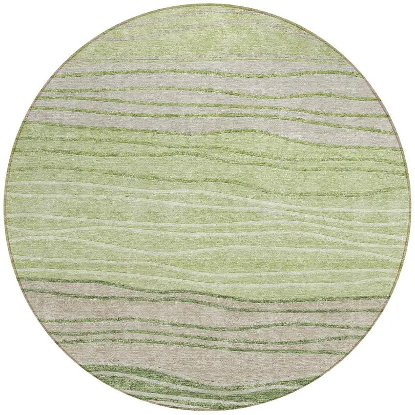 8' Artichoke Green And Taupe Round Striped Washable Indoor Outdoor Area Rug Photo 4