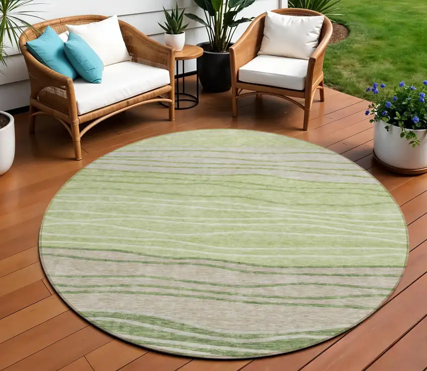 8' Artichoke Green And Taupe Round Striped Washable Indoor Outdoor Area Rug Photo 1
