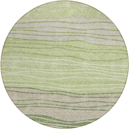 8' Artichoke Green And Taupe Round Striped Washable Indoor Outdoor Area Rug Photo 1
