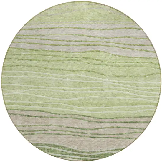 8' Artichoke Green And Taupe Round Striped Washable Indoor Outdoor Area Rug Photo 1