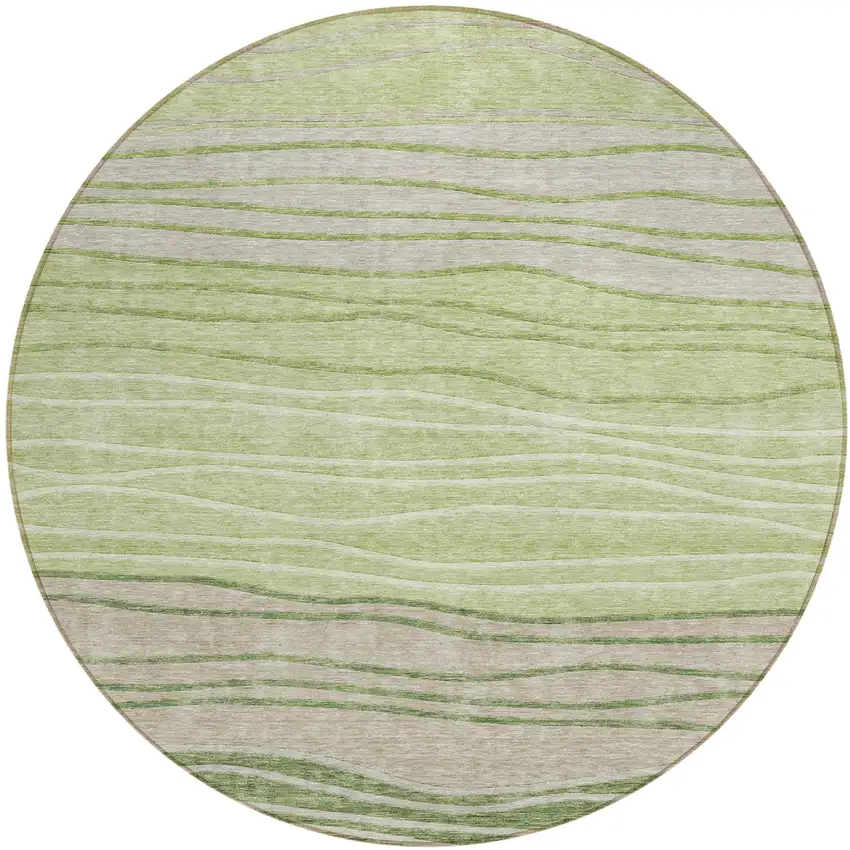 8' Artichoke Green And Taupe Round Striped Washable Indoor Outdoor Area Rug Photo 1