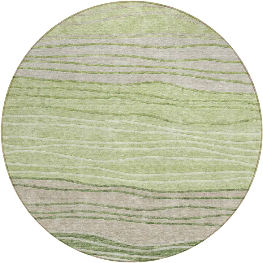 8' Artichoke Green And Taupe Round Striped Washable Indoor Outdoor Area Rug Photo 1
