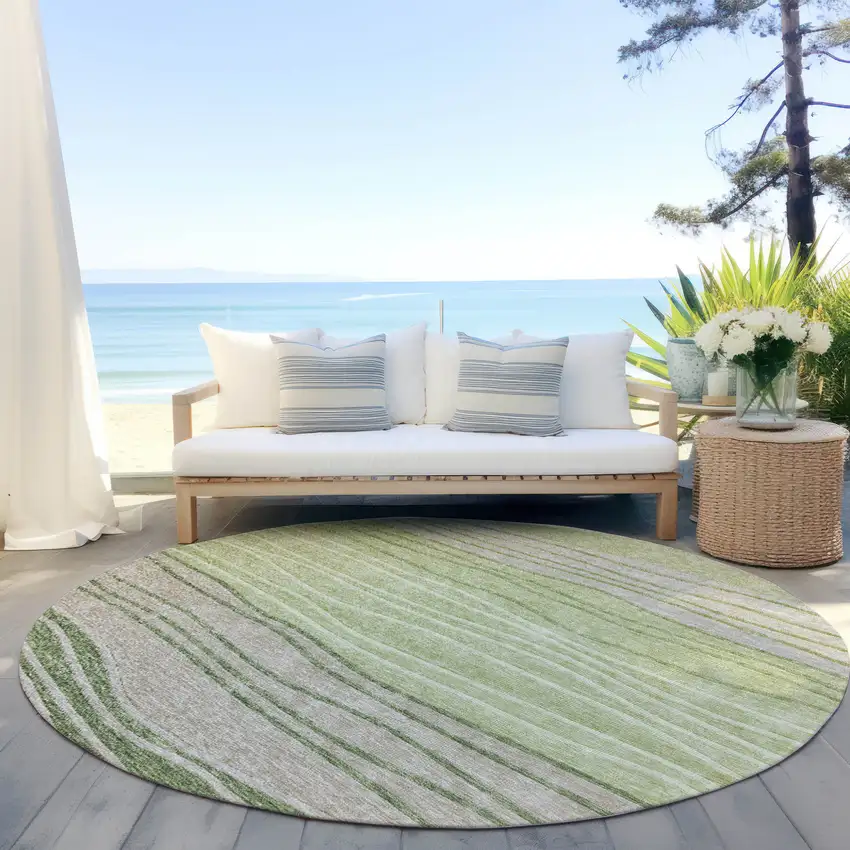 8' Artichoke Green And Taupe Round Striped Washable Indoor Outdoor Area Rug Photo 6
