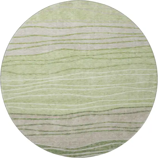 8' Artichoke Green And Taupe Striped Washable Round Rug With UV Protection Photo 4