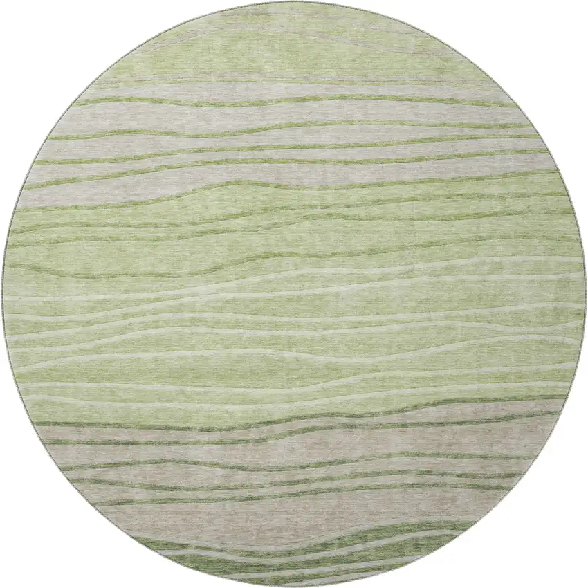 8' Artichoke Green And Taupe Striped Washable Round Rug With UV Protection Photo 4