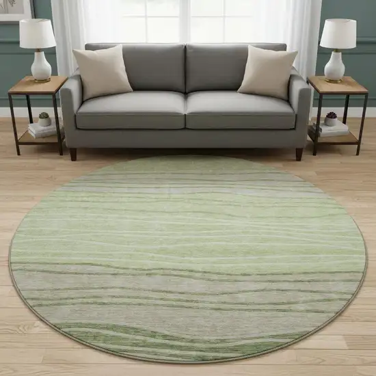 8' Artichoke Green And Taupe Striped Washable Round Rug With UV Protection Photo 2