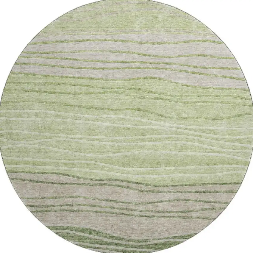 8' Artichoke Green And Taupe Striped Washable Round Rug With UV Protection Photo 3
