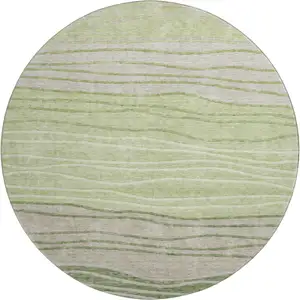 Photo of 8' Artichoke Green And Taupe Striped Washable Round Rug With UV Protection