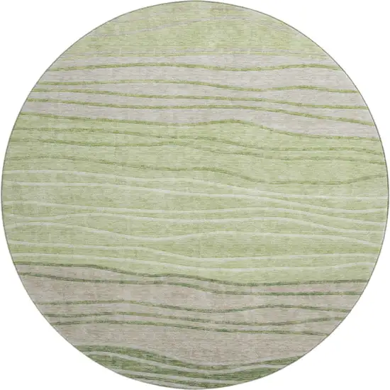 8' Artichoke Green And Taupe Striped Washable Round Rug With UV Protection Photo 1