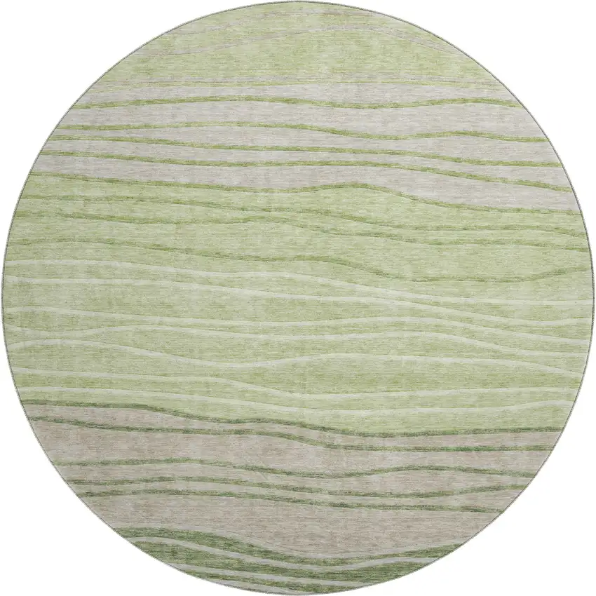 8' Artichoke Green And Taupe Striped Washable Round Rug With UV Protection Photo 1
