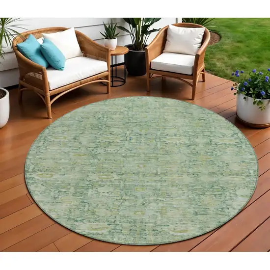 8' Artichoke Green And Teal Blue Round Oriental Washable Indoor Outdoor Area Rug Photo 2