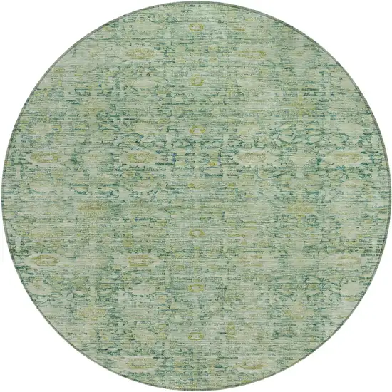 8' Artichoke Green And Teal Blue Round Oriental Washable Indoor Outdoor Area Rug Photo 1