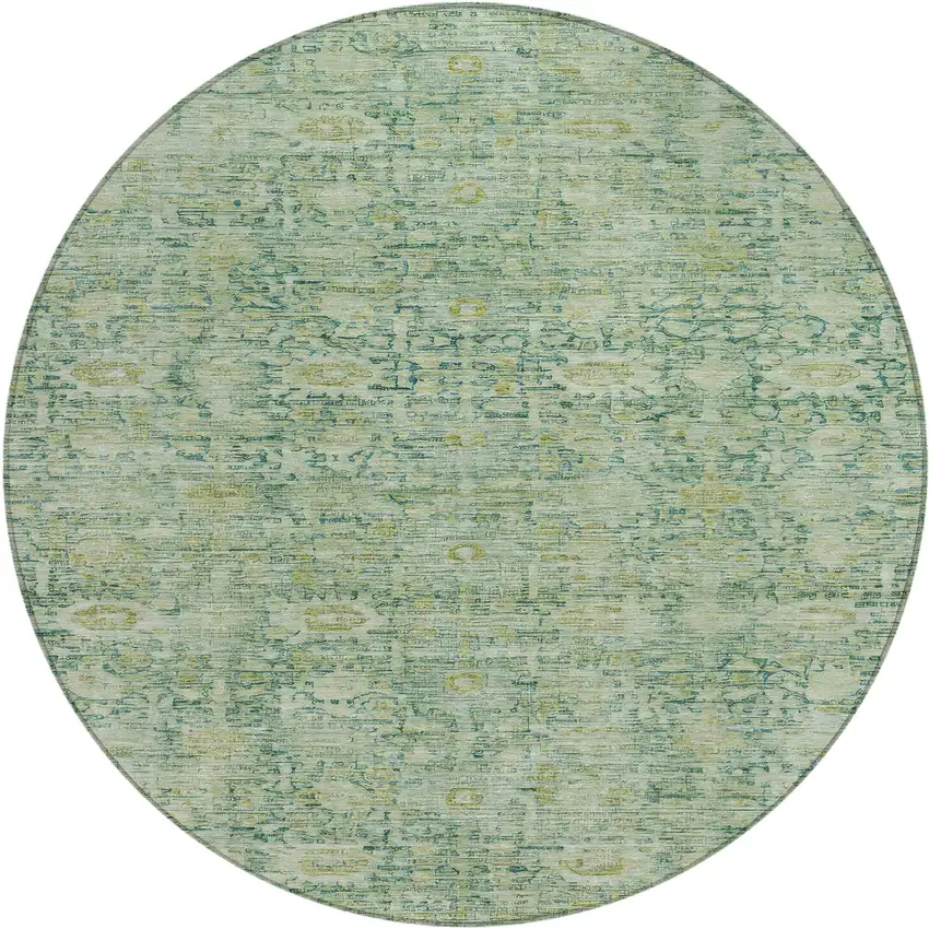 8' Artichoke Green And Teal Blue Round Oriental Washable Indoor Outdoor Area Rug Photo 1