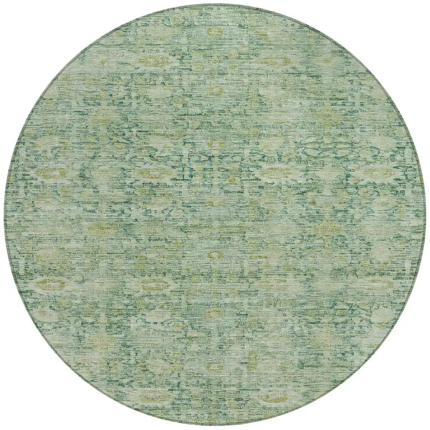 8' Artichoke Green And Teal Blue Round Oriental Washable Indoor Outdoor Area Rug Photo 3