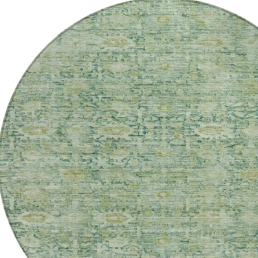 8' Artichoke Green And Teal Blue Round Oriental Washable Indoor Outdoor Area Rug Photo 4