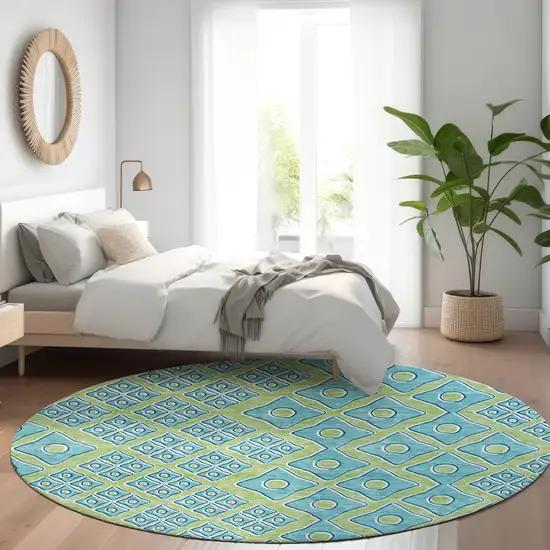 8' Artichoke Green And Teal Geometric Washable Round Rug With UV Protection Photo 5