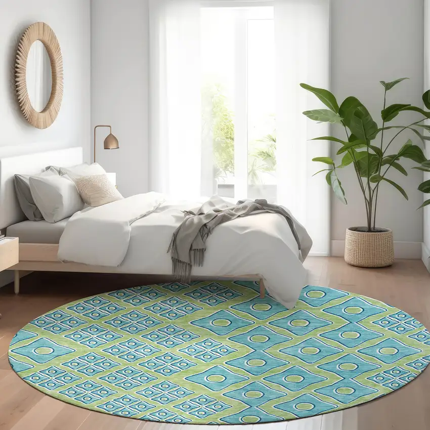 8' Artichoke Green And Teal Geometric Washable Round Rug With UV Protection Photo 5