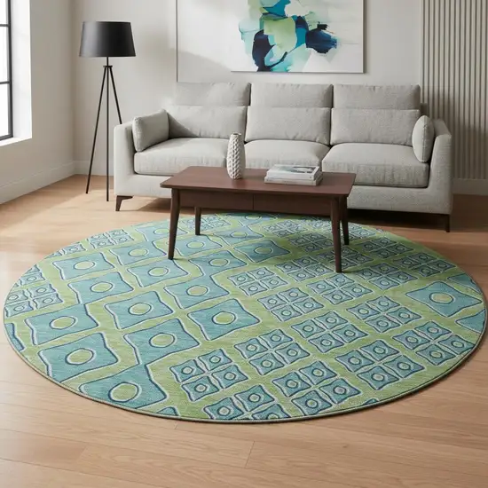 8' Artichoke Green And Teal Geometric Washable Round Rug With UV Protection Photo 1