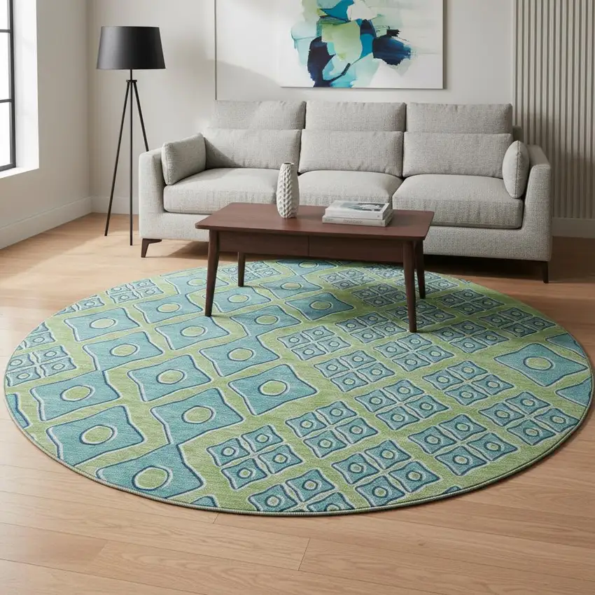 8' Artichoke Green And Teal Geometric Washable Round Rug With UV Protection Photo 1