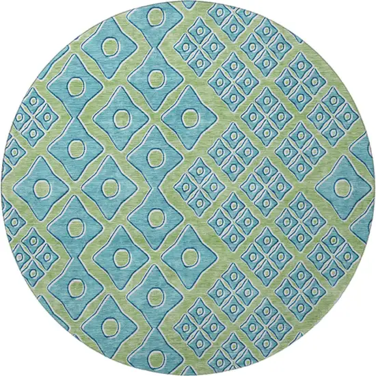 8' Artichoke Green And Teal Geometric Washable Round Rug With UV Protection Photo 4