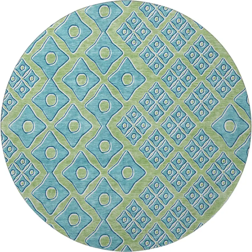 8' Artichoke Green And Teal Geometric Washable Round Rug With UV Protection Photo 4