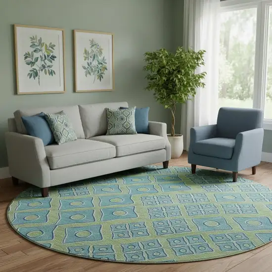 8' Artichoke Green And Teal Geometric Washable Round Rug With UV Protection Photo 1
