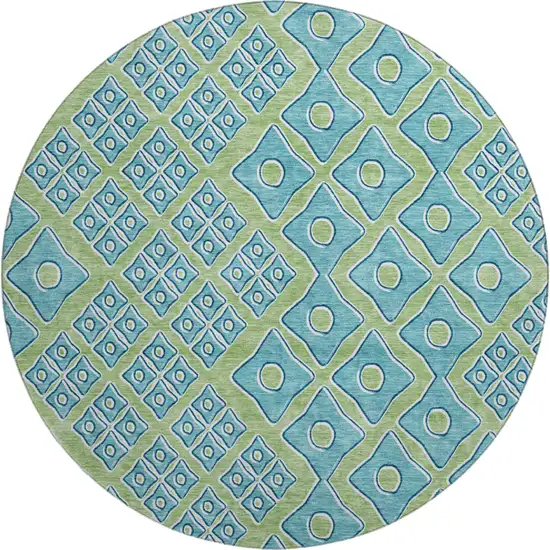 8' Artichoke Green And Teal Geometric Washable Round Rug With UV Protection Photo 2