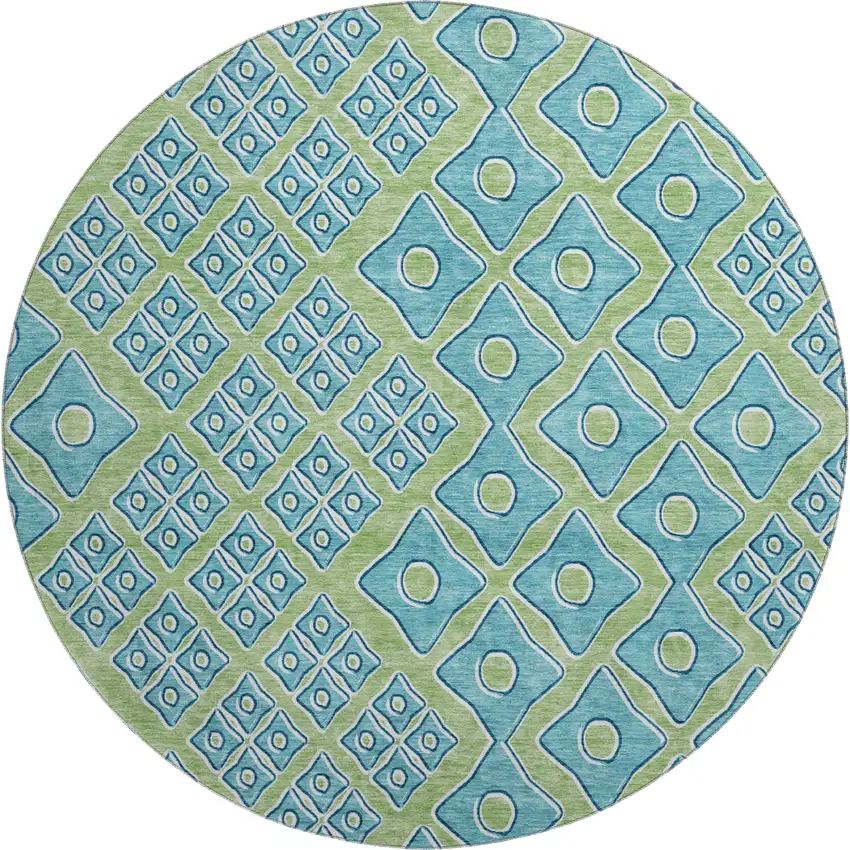 8' Artichoke Green And Teal Geometric Washable Round Rug With UV Protection Photo 2