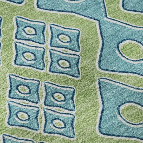 8' Artichoke Green And Teal Geometric Washable Round Rug With UV Protection Photo 9