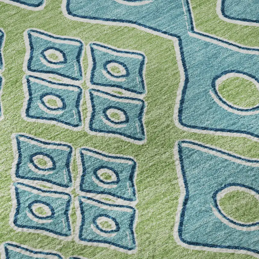 8' Artichoke Green And Teal Geometric Washable Round Rug With UV Protection Photo 9