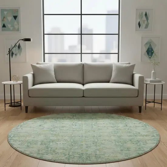 8' Artichoke Green And Teal Oriental Washable Round Rug With UV Protection Photo 2