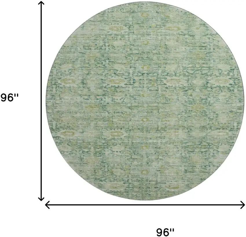 8' Artichoke Green And Teal Oriental Washable Round Rug With UV Protection Photo 9