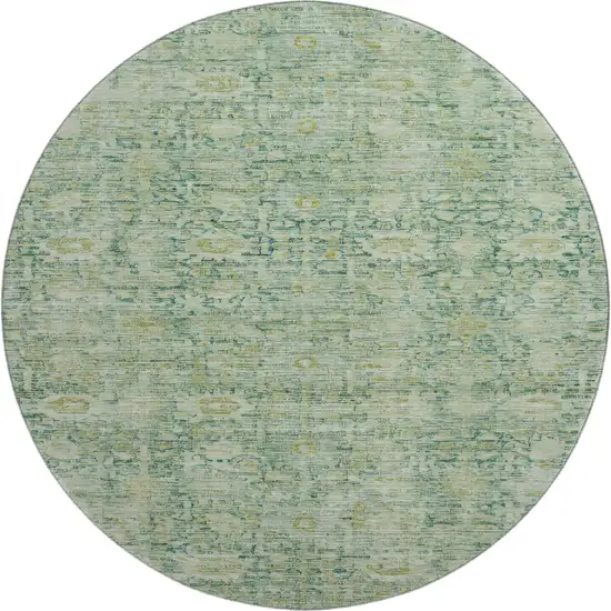 8' Artichoke Green And Teal Oriental Washable Round Rug With UV Protection Photo 1