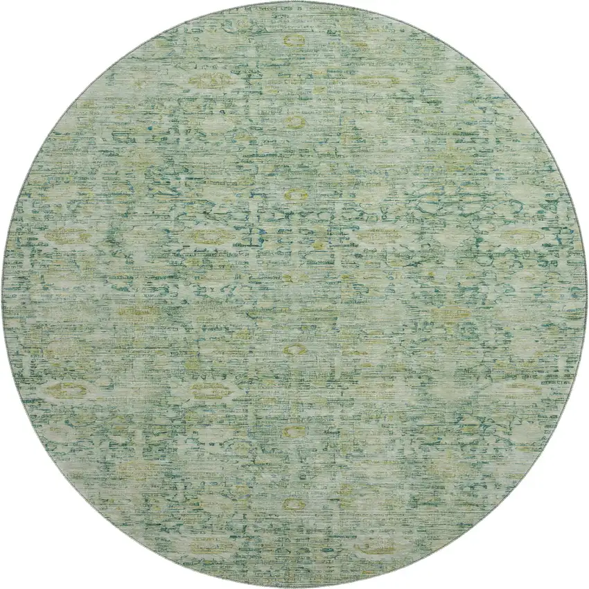 8' Artichoke Green And Teal Oriental Washable Round Rug With UV Protection Photo 1