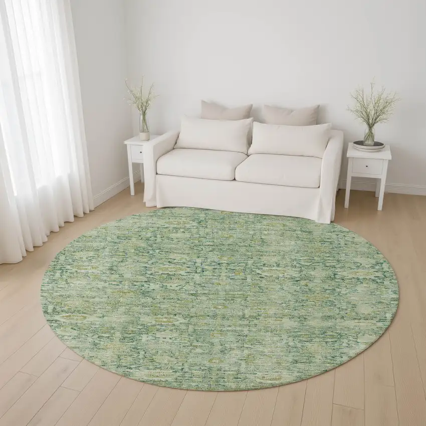 8' Artichoke Green And Teal Oriental Washable Round Rug With UV Protection Photo 4