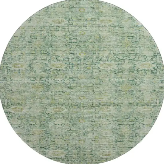 8' Artichoke Green And Teal Oriental Washable Round Rug With UV Protection Photo 3