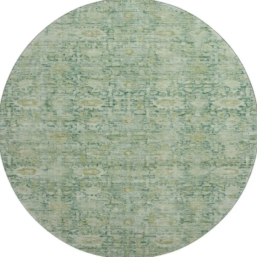 8' Artichoke Green And Teal Oriental Washable Round Rug With UV Protection Photo 3