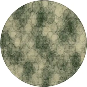 Photo of 8' Artichoke Green And Wheat Round Abstract Washable Indoor Outdoor Area Rug