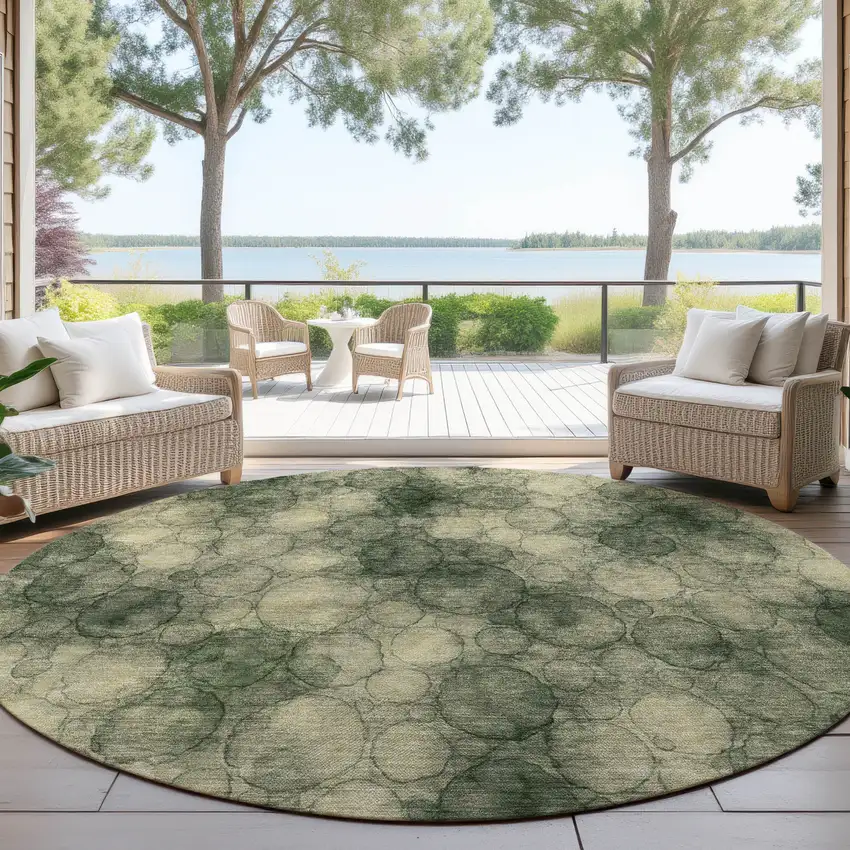 8' Artichoke Green And Wheat Round Abstract Washable Indoor Outdoor Area Rug Photo 4