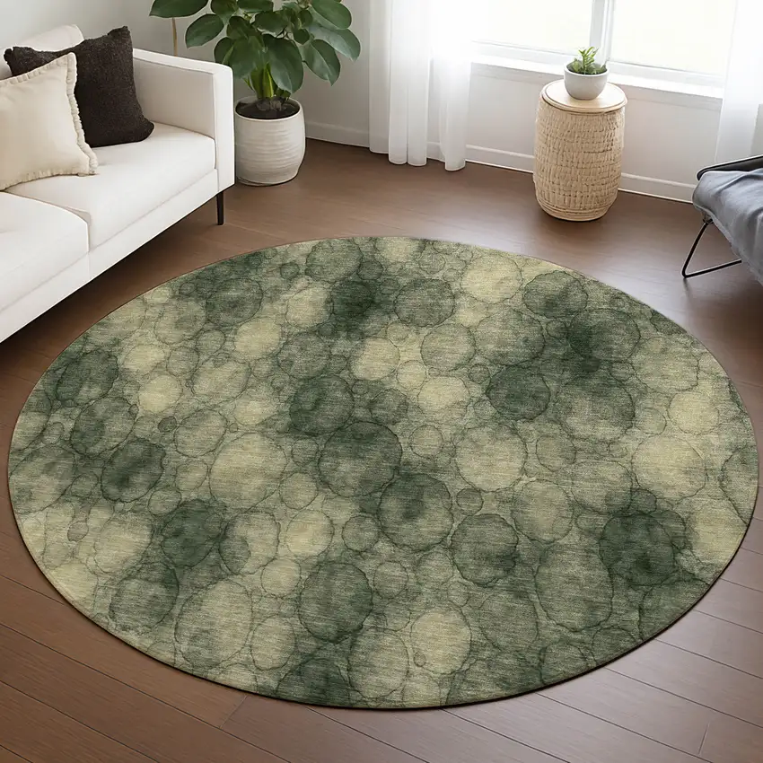 8' Artichoke Green And Wheat Round Abstract Washable Indoor Outdoor Area Rug Photo 5