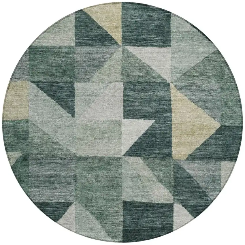 8' Artichoke Green And Wheat Round Geometric Washable Indoor Outdoor Area Rug Photo 3