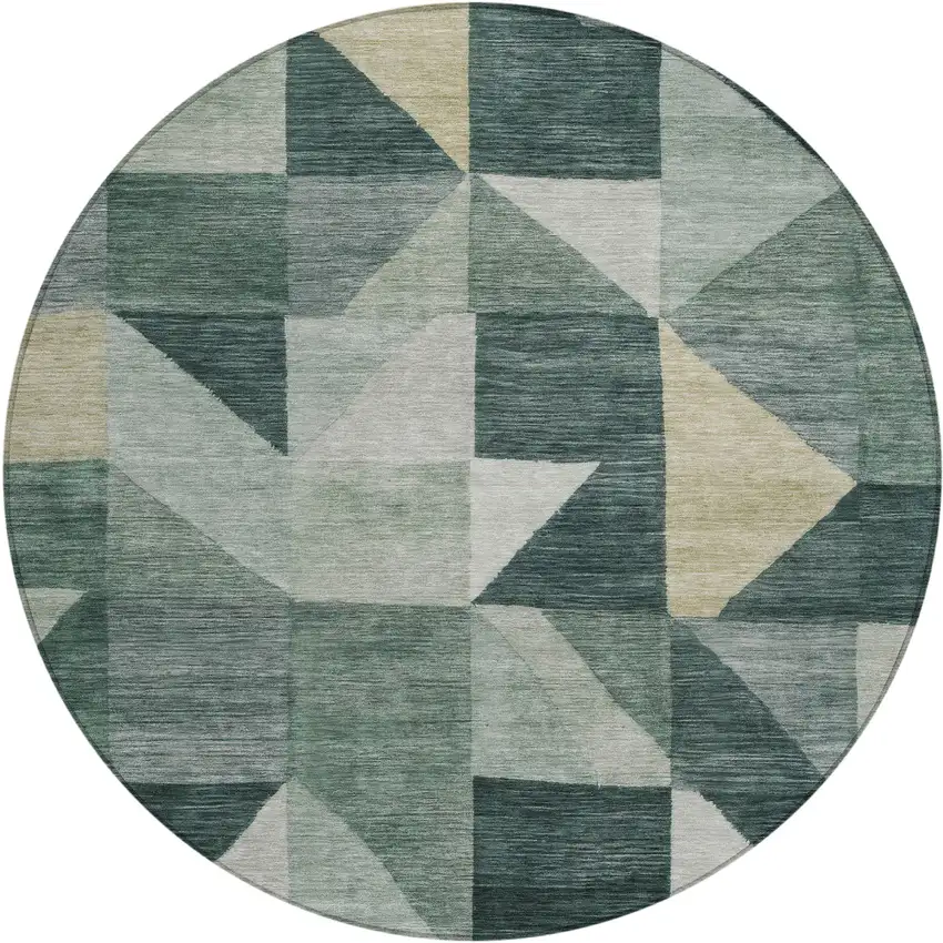 8' Artichoke Green And Wheat Round Geometric Washable Indoor Outdoor Area Rug Photo 1