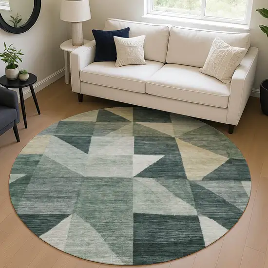 8' Artichoke Green And Wheat Round Geometric Washable Indoor Outdoor Area Rug Photo 5